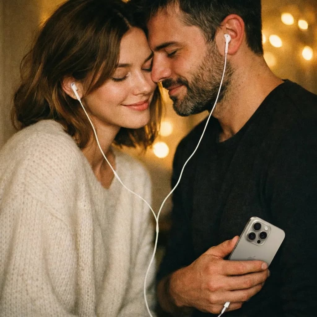Couple sharing earbuds, listening to their personalized song