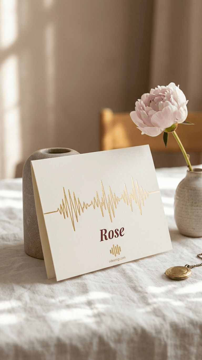 Personalized song greeting card with name and gold waveform on a linen tablecloth